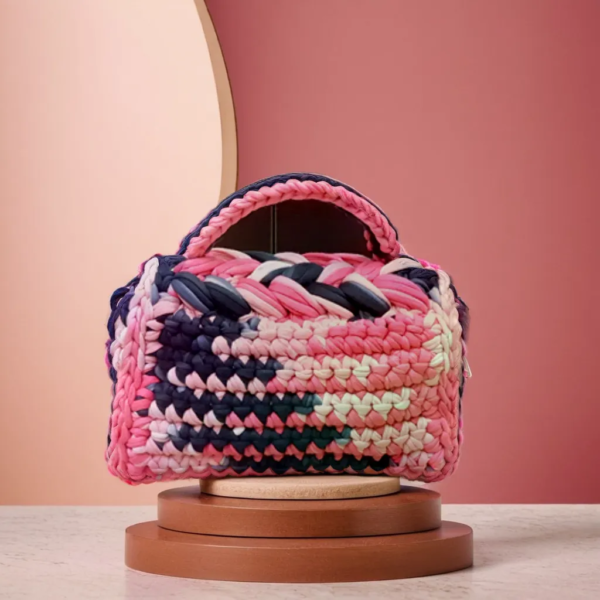 Midnight Rose Handbag – Multicolor Crochet Bag with Pink Satin Lining